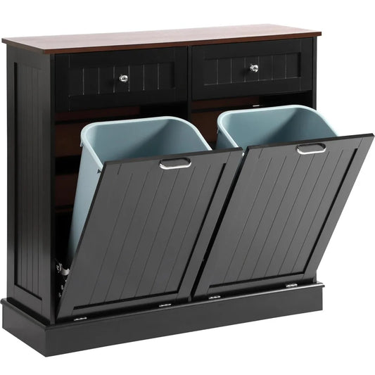 Tilt Out Trash Can Cabinet Dog Proof with Double Wood Hidden Trash Can Holder, Kitchen Free Standing Recycling Cabinet（Black）