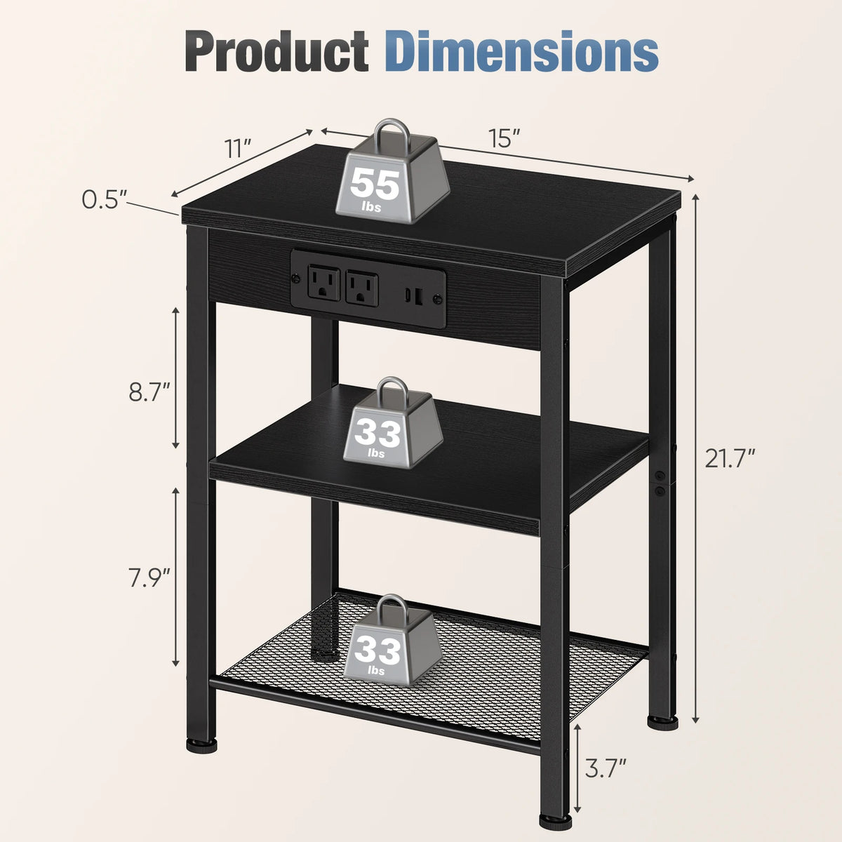 JHK 3 Tier Side Table Nightstand with Charging Station and USB Ports
