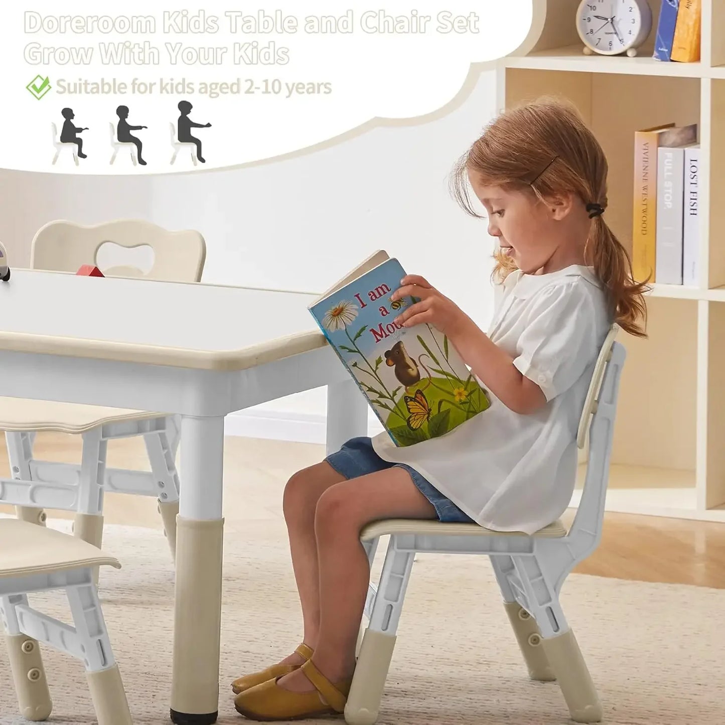 Toddler Table and Chairs Set for 4, 47.2''L x 23.6''W Kids Study Table and Chair Set, Height-Adjustable, Graffiti Desktop