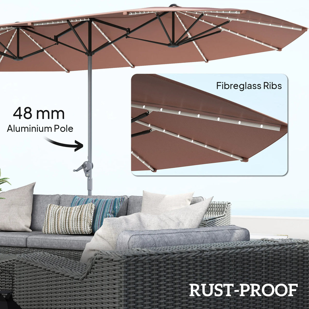 15ft Patio Umbrella with Solar Lights Upf50+ Outdoor Umbrella Tan
