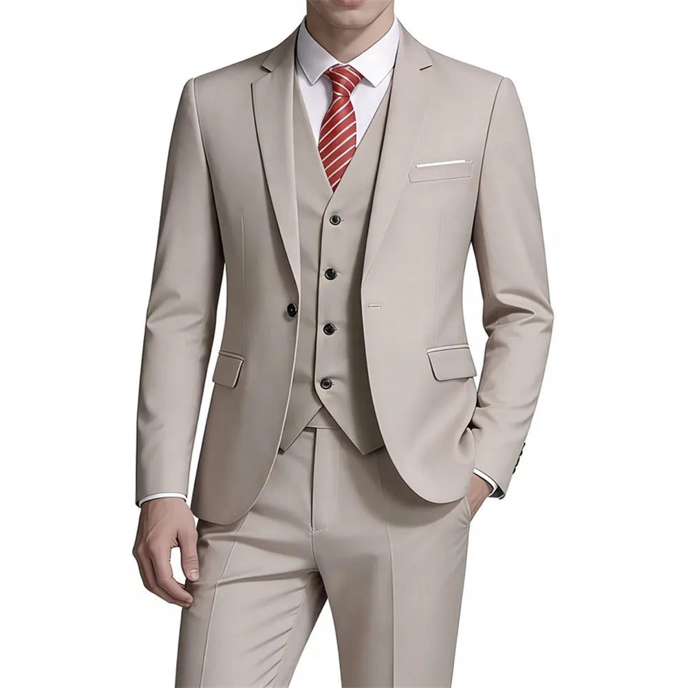 Men's Suit 3 Pieces Set Solid Color Slim Fit Business Leisure Banquet Wedding Groom Dress Jacket Vest with Pants