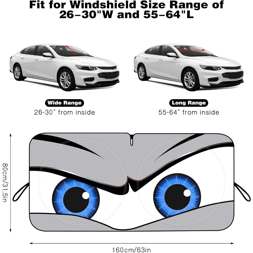 Foldable Car Windshield Sunshade with Funny Eyes Design Wear-Resistant Black Tape 59x27 or 63x31
