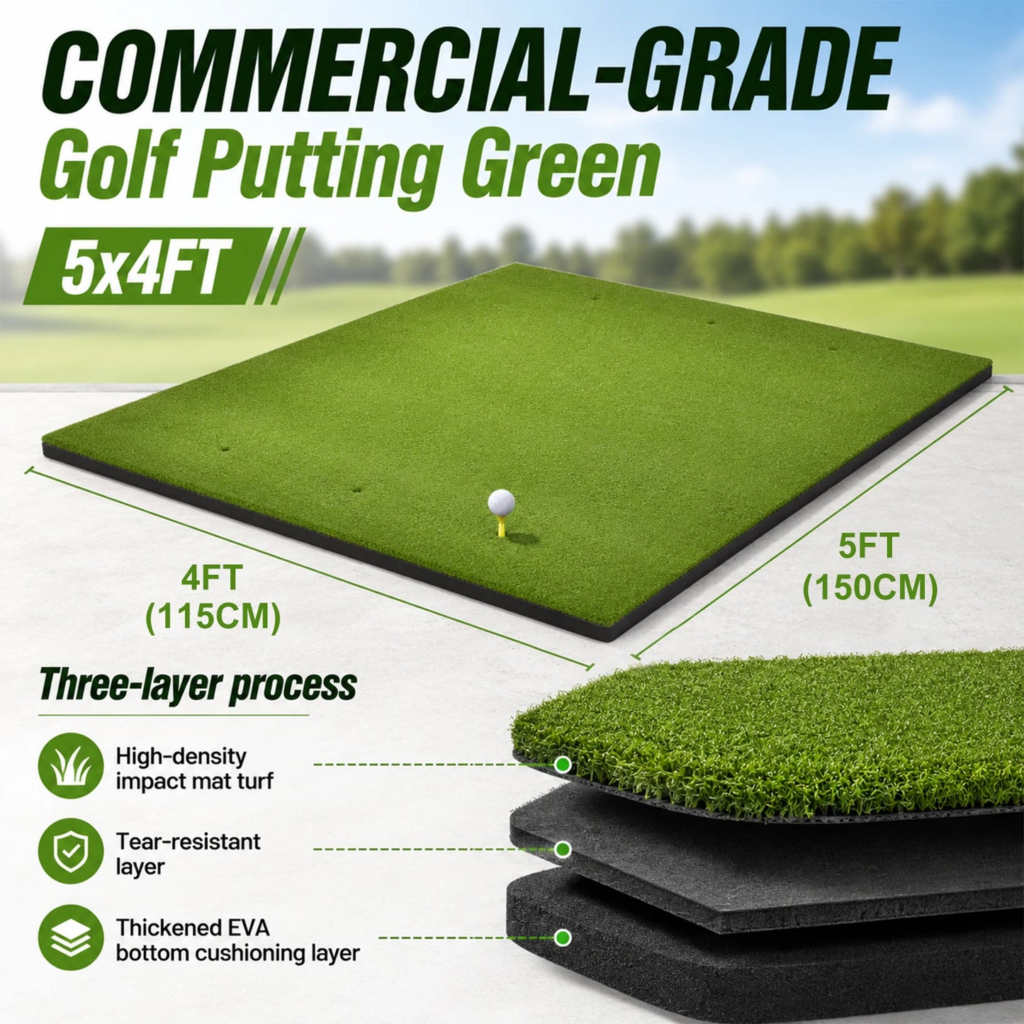 Heavy Duty Golf Hitting Mat 5x4 FT Large Practice Area Commercial Grade Synthetic Turf Training Aid Shock Absorption Non Slip Backing for Indoor Outdoor Driving Range Simulator Backyard Garage with Balls and Tees