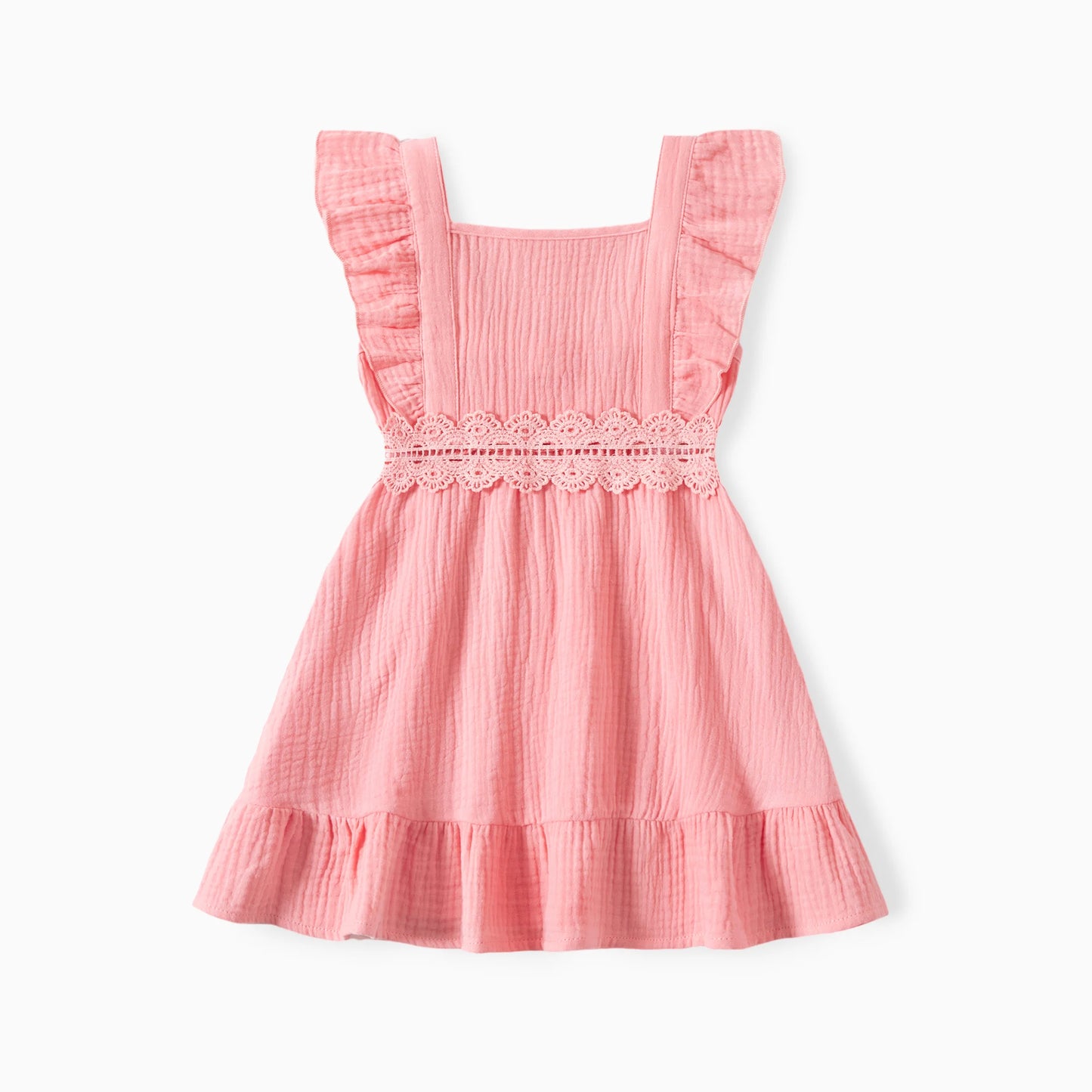 PatPat Family Matching Plaid Shirt and Pink Cotton Shirred Back Lace Waist Flutter Strap Dress Sets