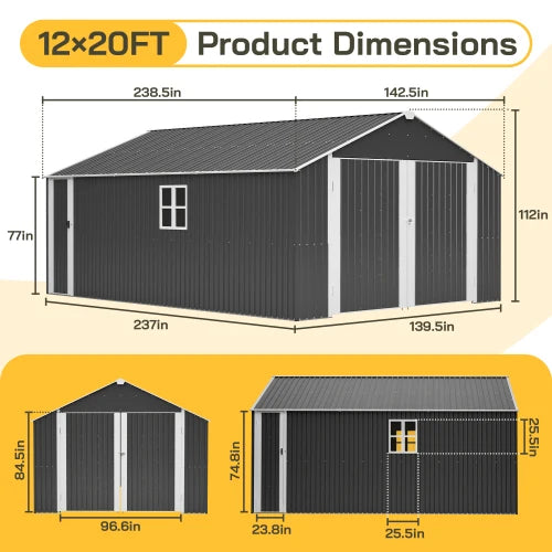 12x20 Ft Outdoor Metal Garage Shed for Secure Equipment Storage