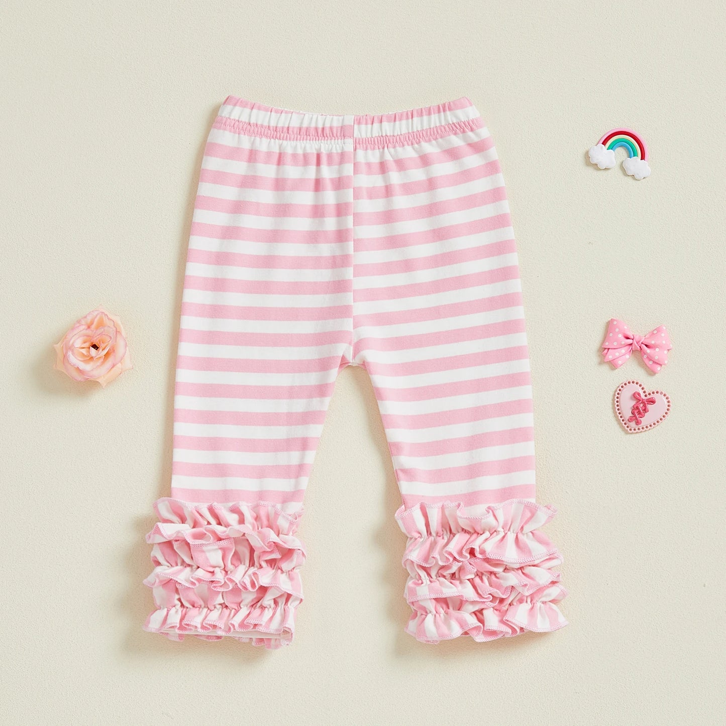 Toddler Girls Striped Leggings Elastic Waist Frills  Fit Fall Long Trousers for Casual Daily
