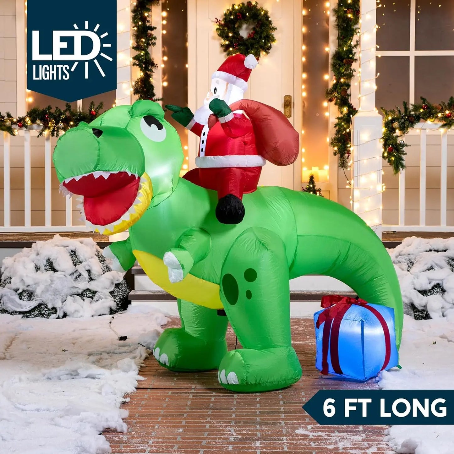 JOYFY 6 FT Christmas Inflatable Dinosaur with Build-in LEDs Dinosaur with Santa for Christmas Inflatable Outdoor Decoration