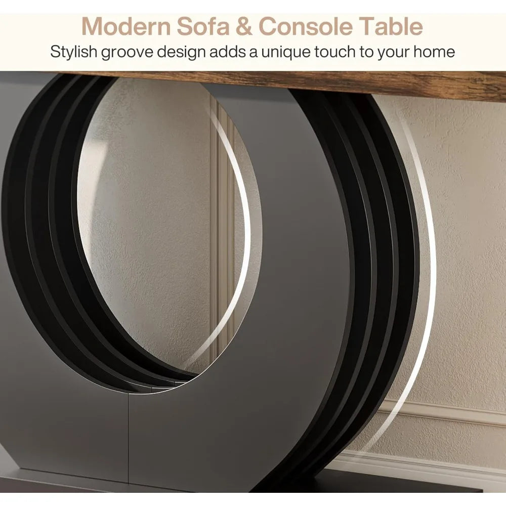 Wood Console Sofa Table, 63-Inch Rustic Industrial Farmhouse Entryway Table, Narrow Long Couch Console Behind Sofa with Black C