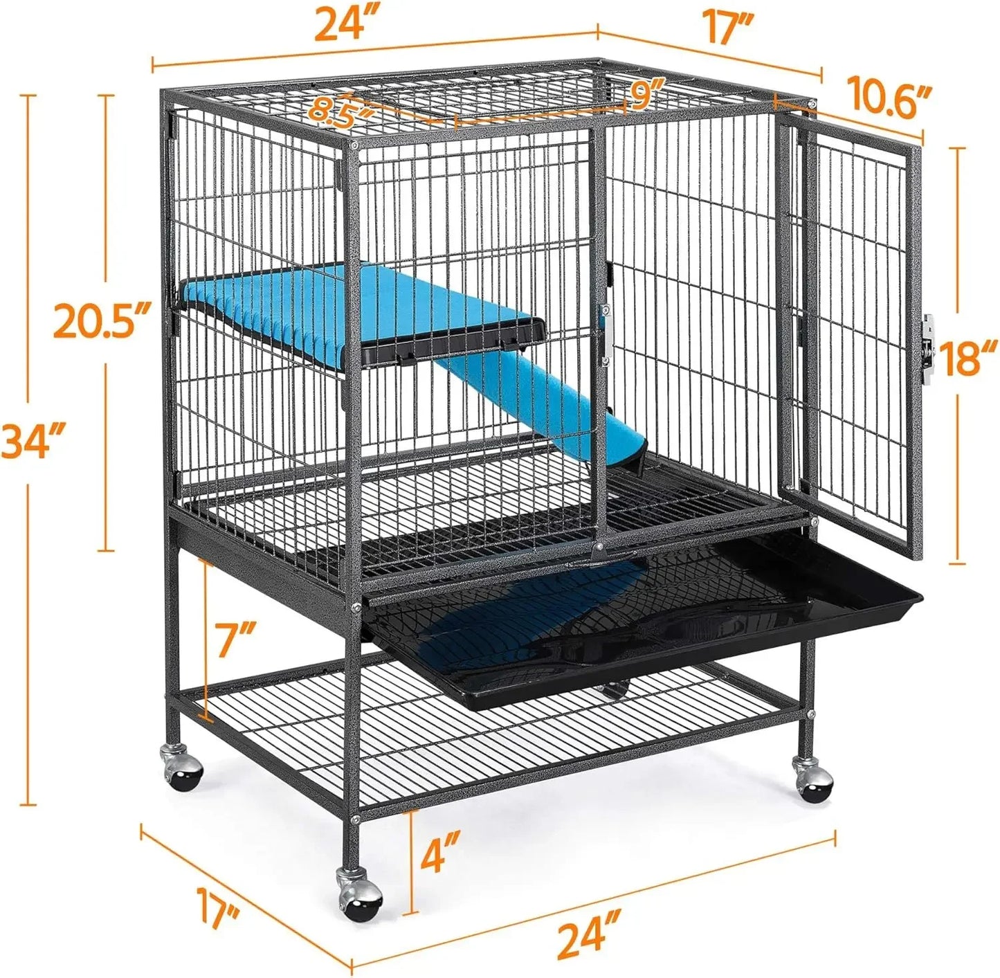 Metal 34'' Ferret Cage Critter Nation Cage Indoor for Adult Rats/Rabbits/Ferrets/Chinchillas 2-Tiers Small Tray＆Shelf, Black