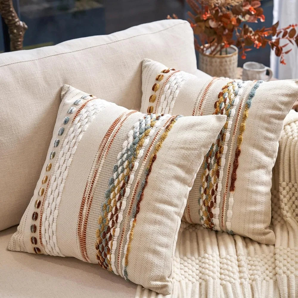 Boho Striped Chenille Tufted Pillow Covers 18x18 Set of 2 Orange White Neutral Decorative for Couch Bed