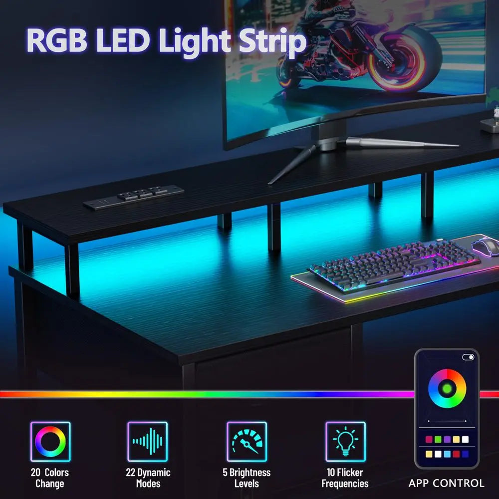 47 Inch L Shaped Gaming Desk With LED Lights Power Outlets And 5 Fabric Drawers
