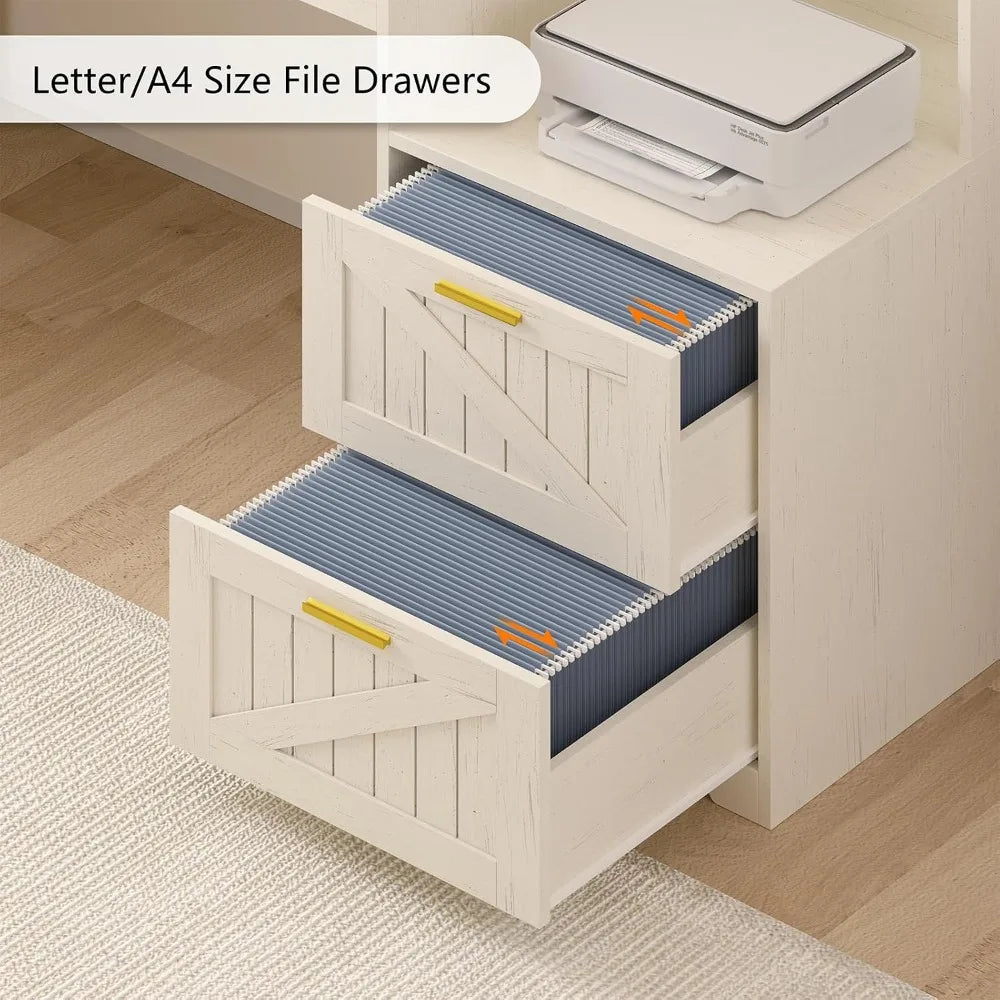62.2" Farmhouse L Shaped Home Office Desk, Drawers, Storage Shelves & Power Outlet, Custom
