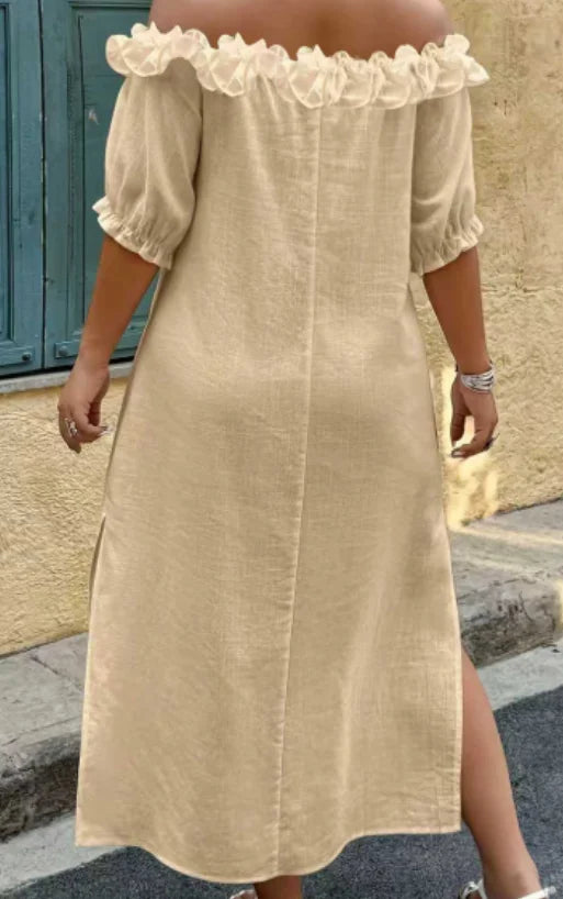 Plus Size Women's Slouchy Slimming Beach Vacation Dress, Off-Shoulder Puff Sleeve Loose Hem Slit Dress