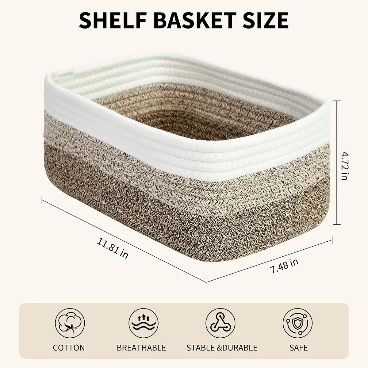 oft Cotton Rope Woven Storage Baskets Set - 3 Pack Rectangular Shelf Bins 11.8 x 7.5 x 4.7 in - No Handles, Closet Bathroom Nursery Toy Makeup Shelves & Tabletop Organizer