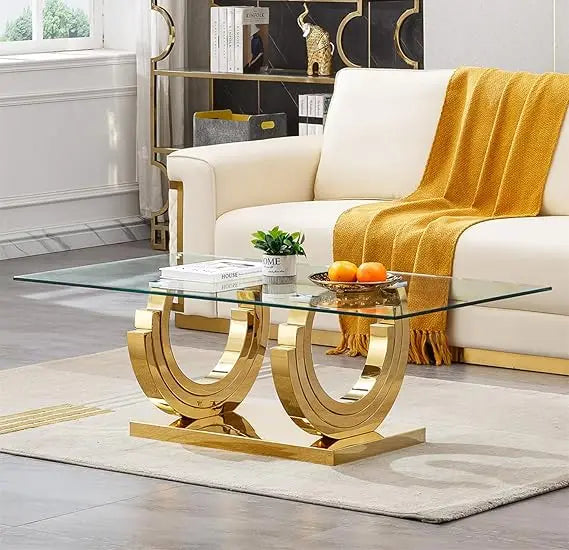 Luxury Gold Glass Coffee Table for Living Room Modern 47" Rectangular Center Table with Ring-Shape Mirrored Stainless Steel Base