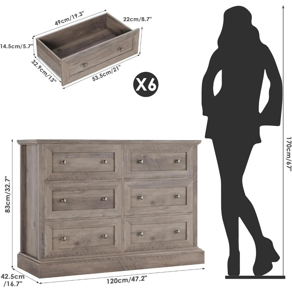 Modern 6 Drawer Double Dresser, Wood Dresser Chest, Wide Chest of Drawers with Deep Drawers & Mental Double Handles for Hallway