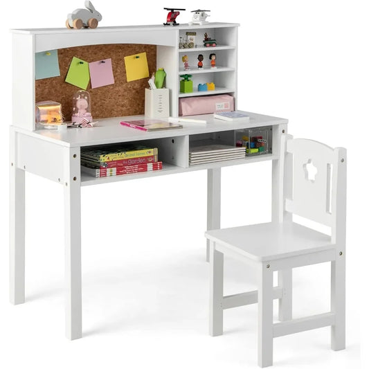 Kids Desk and Chair Set,Wooden Study Desk for Kids with Storage, Hutch, Cork Bulletin Board,Student Writing Computer Workstation