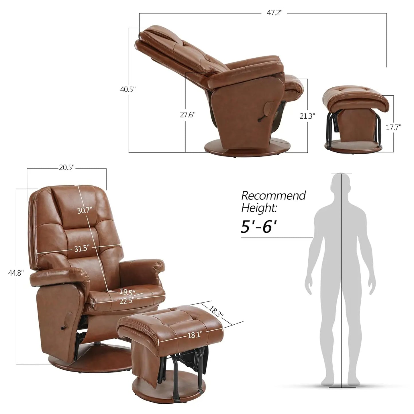 Swivel Glider Recliner Chair with Ottoman, Adjustable Back Faux Leather Lounge, Living Room Bedroom, Brown, Customized