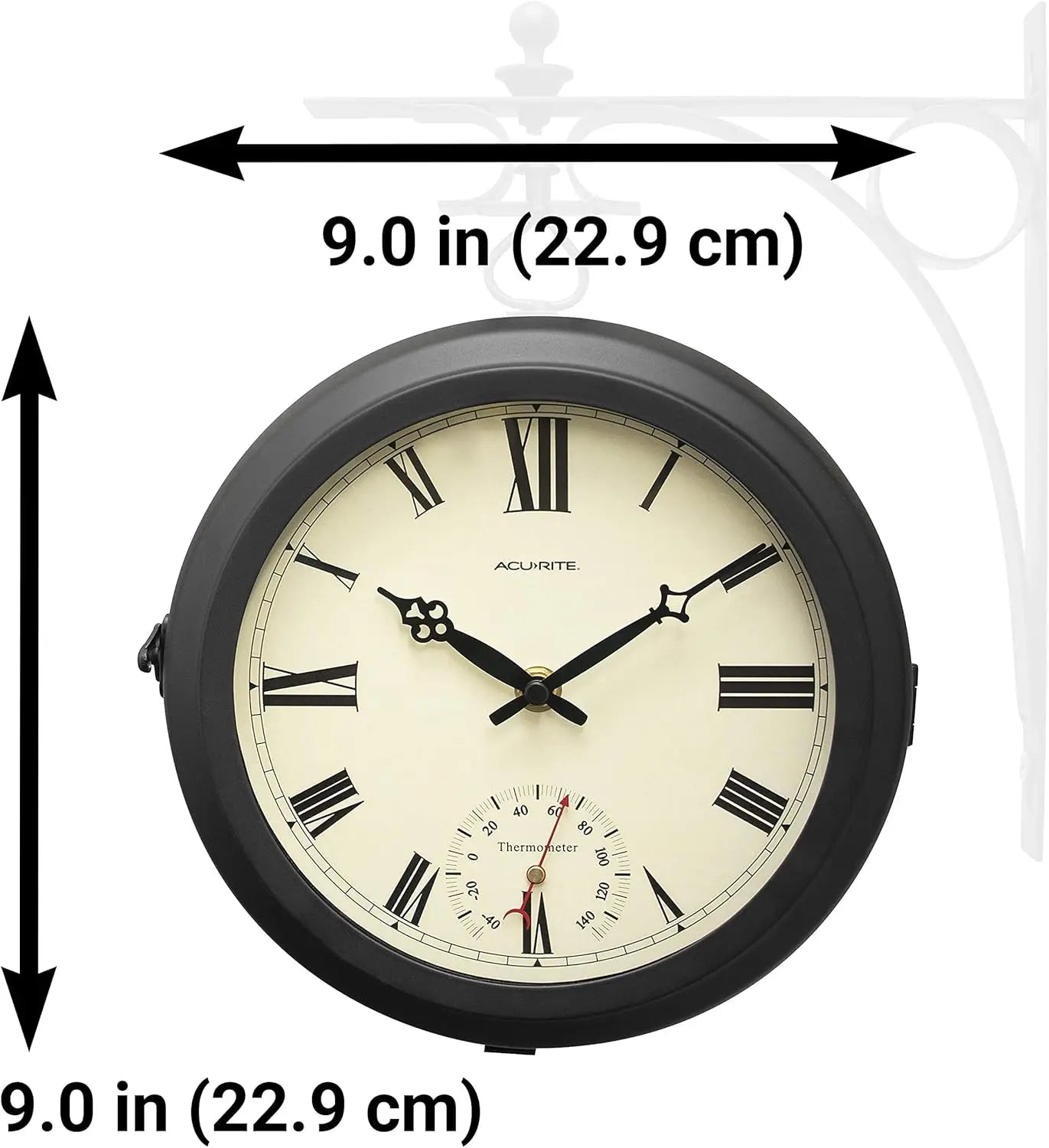 Double-Sided Indoor/Outdoor Hanging Clock with Thermometer, 360° Spin, Silent Quartz Movement, Black Metal Frame