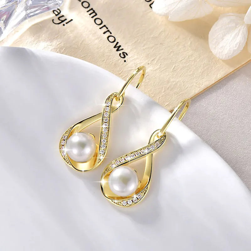 OXTAO Infinity D Moissanite Dangle Hook Earrings for Women 8mm Natural Freshwater Pearl Earrings Wedding Jewelry Gift 14K Gold Filled