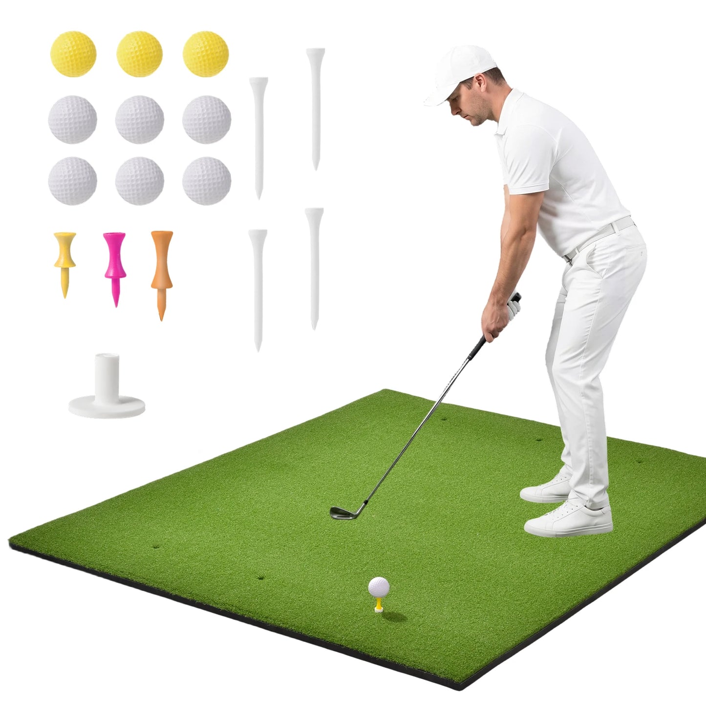 Heavy Duty Golf Hitting Mat 5x4 FT Large Practice Area Commercial Grade Synthetic Turf Training Aid Shock Absorption Non Slip Backing for Indoor Outdoor Driving Range Simulator Backyard Garage with Balls and Tees