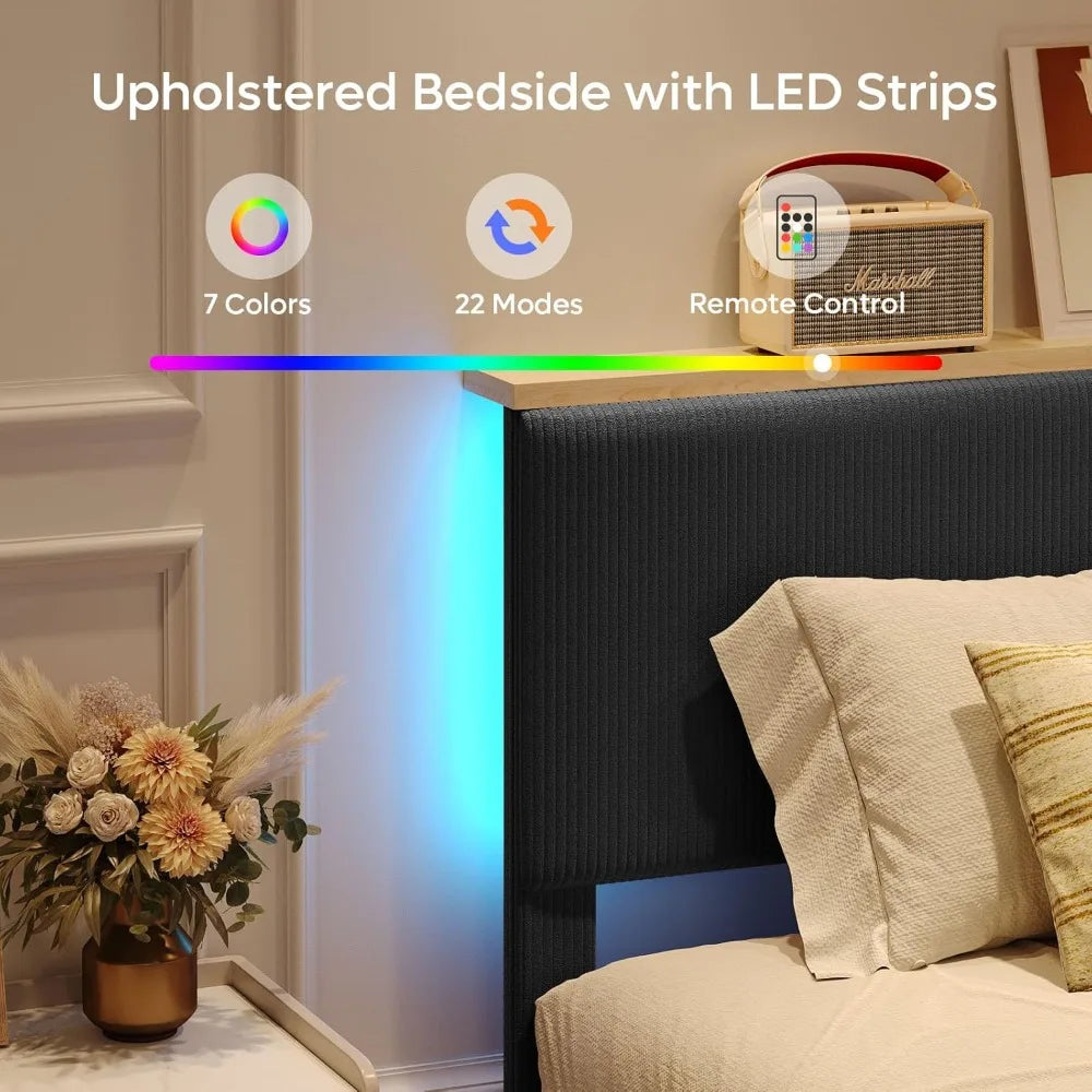 King Bed Frame with Adjustable Headboard & LED Lighting, Corduroy Upholstered Platform Bed Frame with Storage Shelf