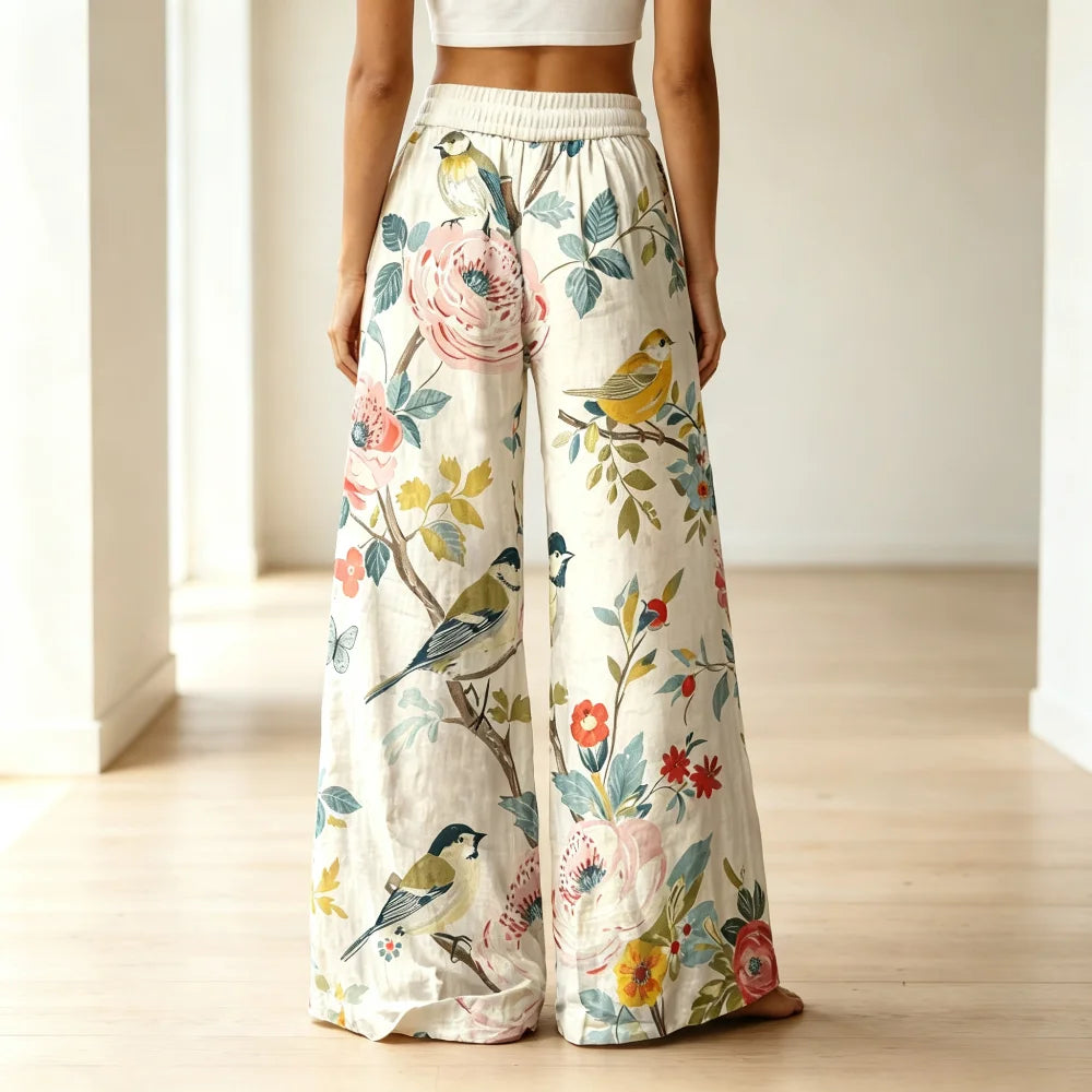 Eclectic Grandpa Floral Bird Pattern Wide Leg Pants Soft Silk Palazzo Trousers, Summer Beach Tropical Vacation Outfits