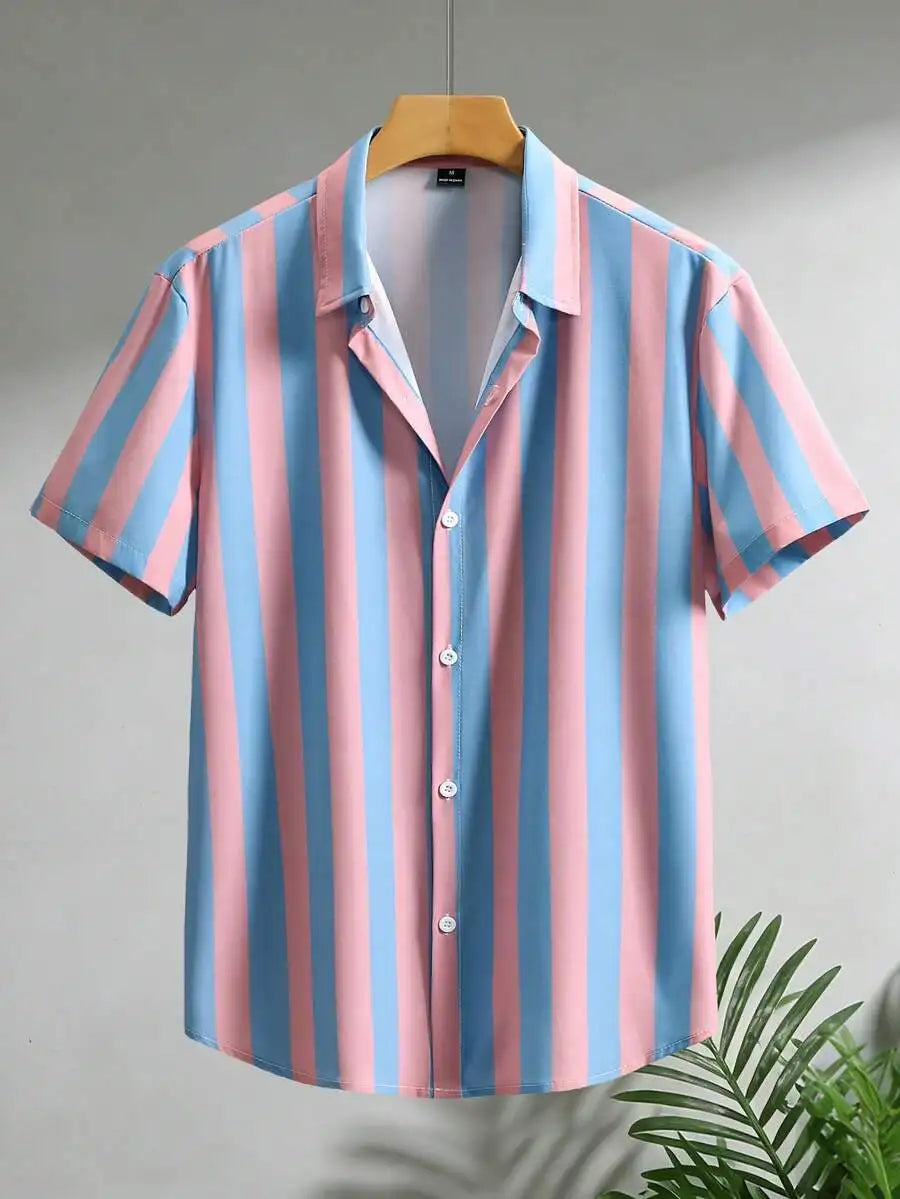 Men Vertical Striped Button Up Short Sleeve Shirt Casual