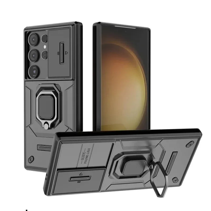 Slide Camera Armor Case For Samsung Galaxy S25 Ultra S24 FE S23 Plus A54 A55 M56 A26 A36 A56 5G Lens Protect Magnetic Ring Cover