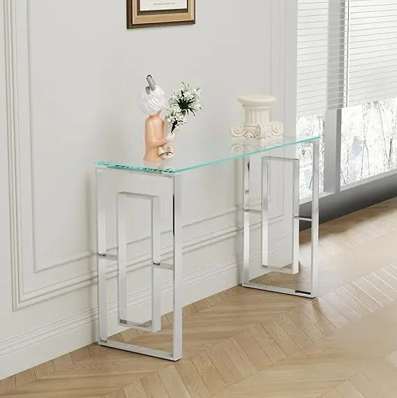 Toughened Glass Console Table,Clear Glass Accent Console Sofa Table with Stainless Steel Frame,Gold Entry Tables for Hallway, So