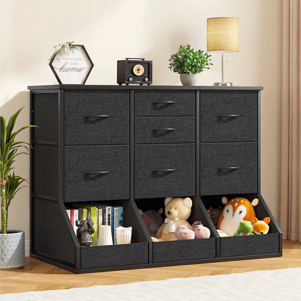 EnHomee 10-Storage Fabric Dresser – 7 Drawers & 3 Open Compartments, Wood Top & Metal Frame – 39.3"W x 17.7"D x 31.5"H – For Bedroom, Entryway, Hallway
