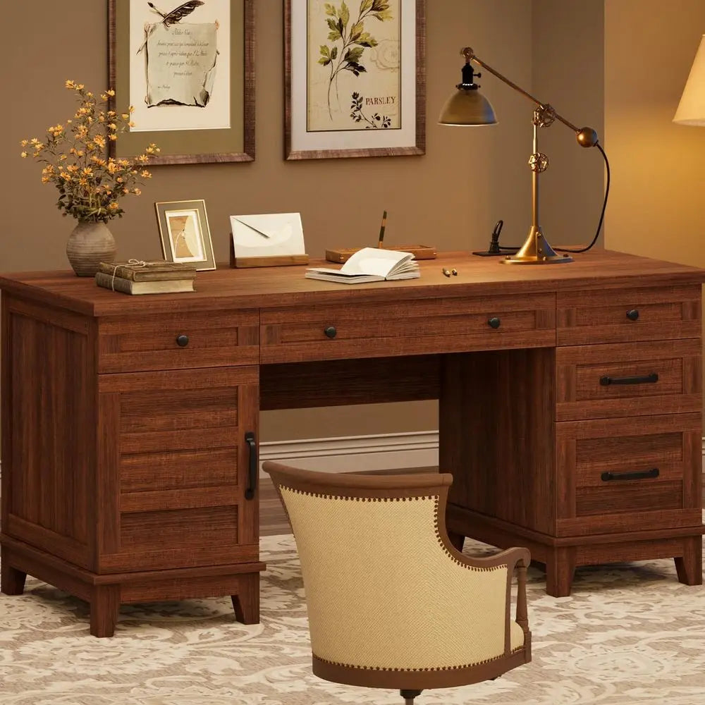60-inch Wooden Home Office Desk with Charging Station and Storage in Walnut Brown