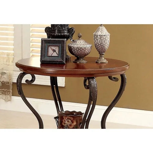 Traditional Brown Cherry End Table with Open Shelf and Ornate Scroll Legs