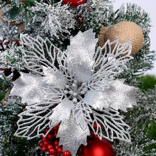 10pcs/set Christmas Glitter Flower 10cm Gold Silver Red Artificial Floral Head Xmas Tree Decoration Home New Year Navidad Gift