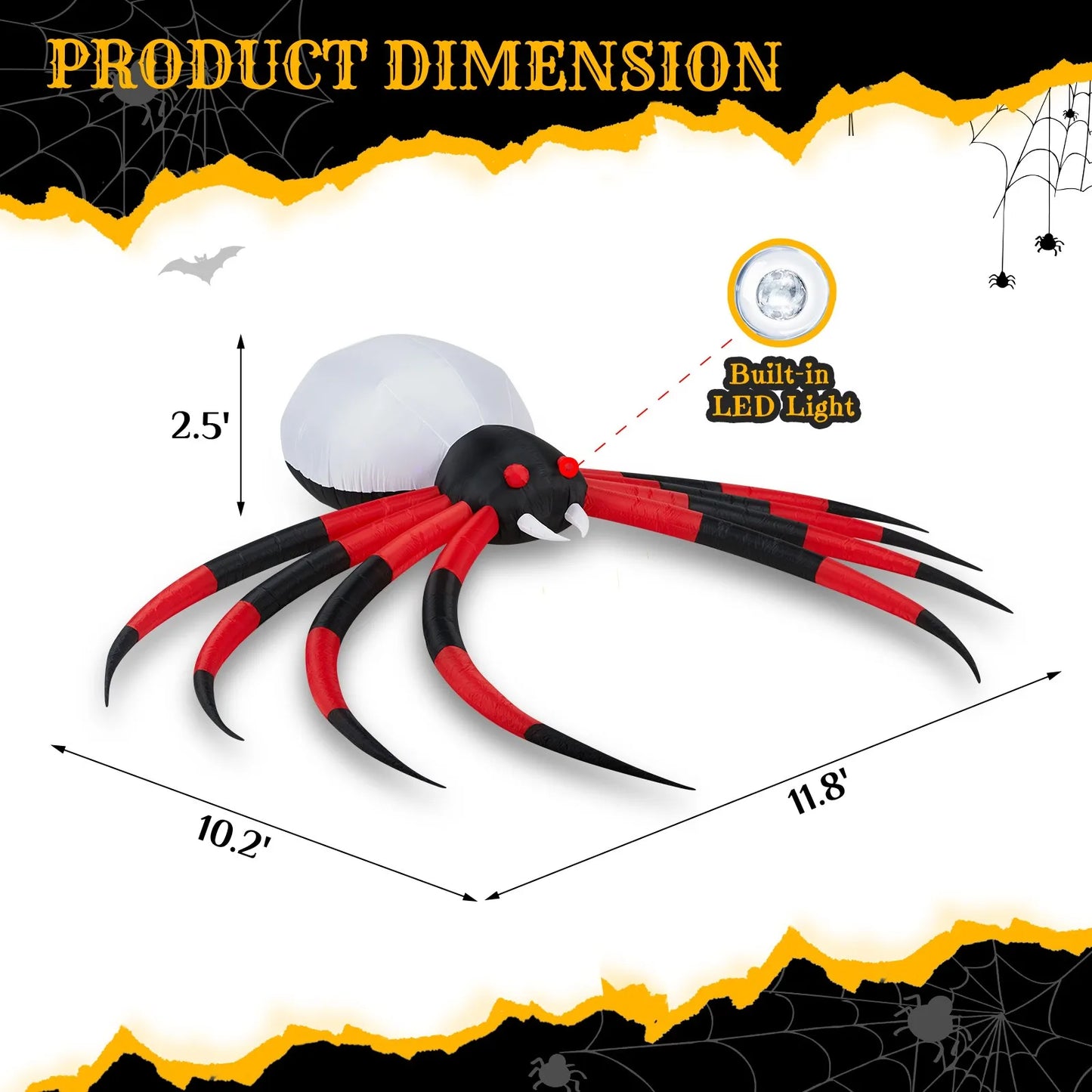 12FT Halloween Inflatables Crawling Spider Outdoor Decorations with Rotating LED