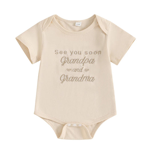 Adorable Infant Unisex Jumpsuit with Alphabet Embroidery and Short Sleeves Stylish Baby Outfit for Warm Weather