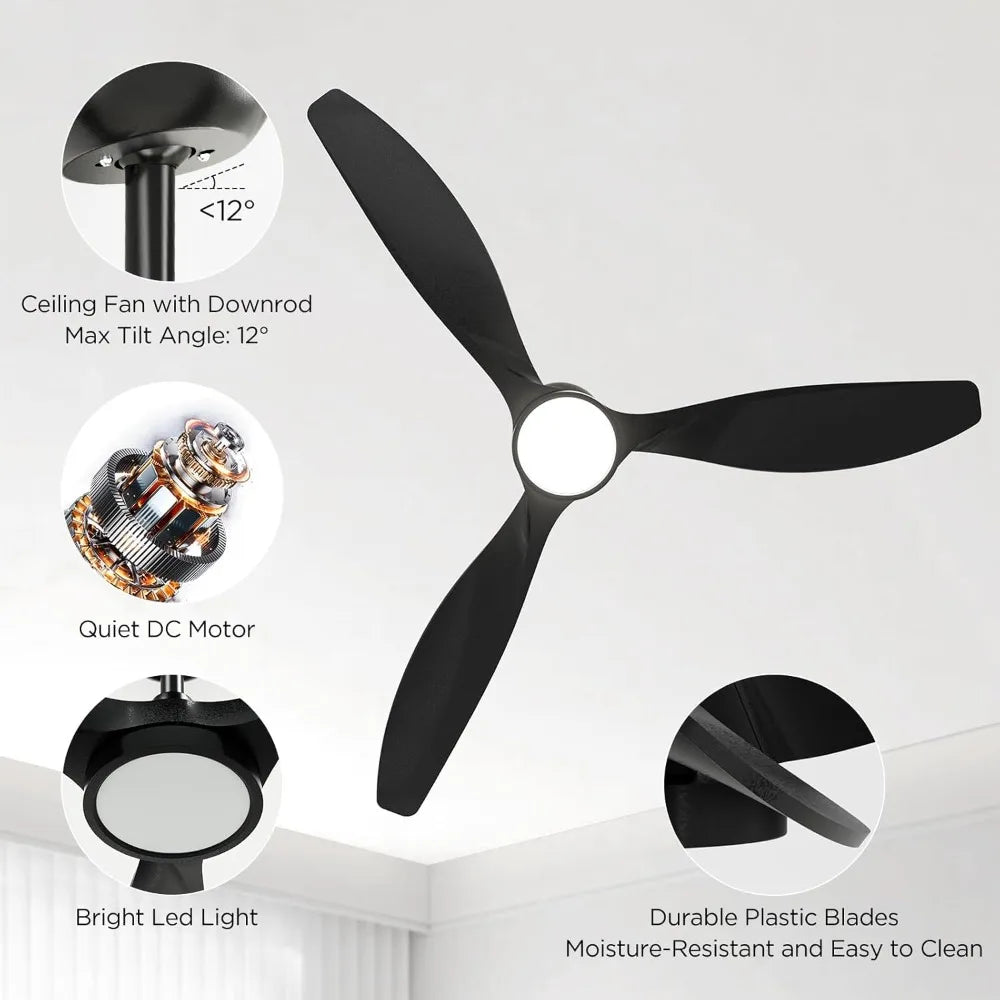52" Ceiling Fan with Lights and Remote, Quiet DC Motor, 6 Speeds, 3 CCT, Indoor Use, Black