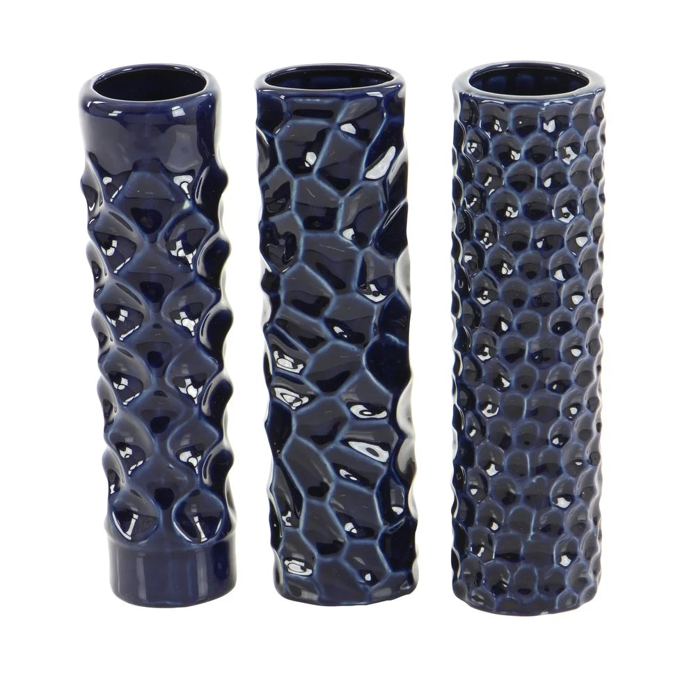 Set of 3 Dark Blue Ceramic Vases Tall Round Cylinder Design Geometric Pattern Stoneware Home Decor Accent Pieces Indoor Use