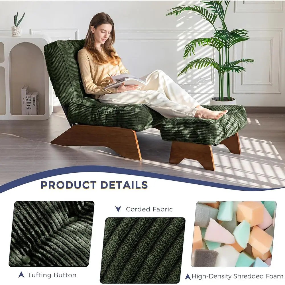Green Upholstered Reclining Chair with Ottoman for Living Room and Reading, Adjustable Backrest Lounge Chair Set