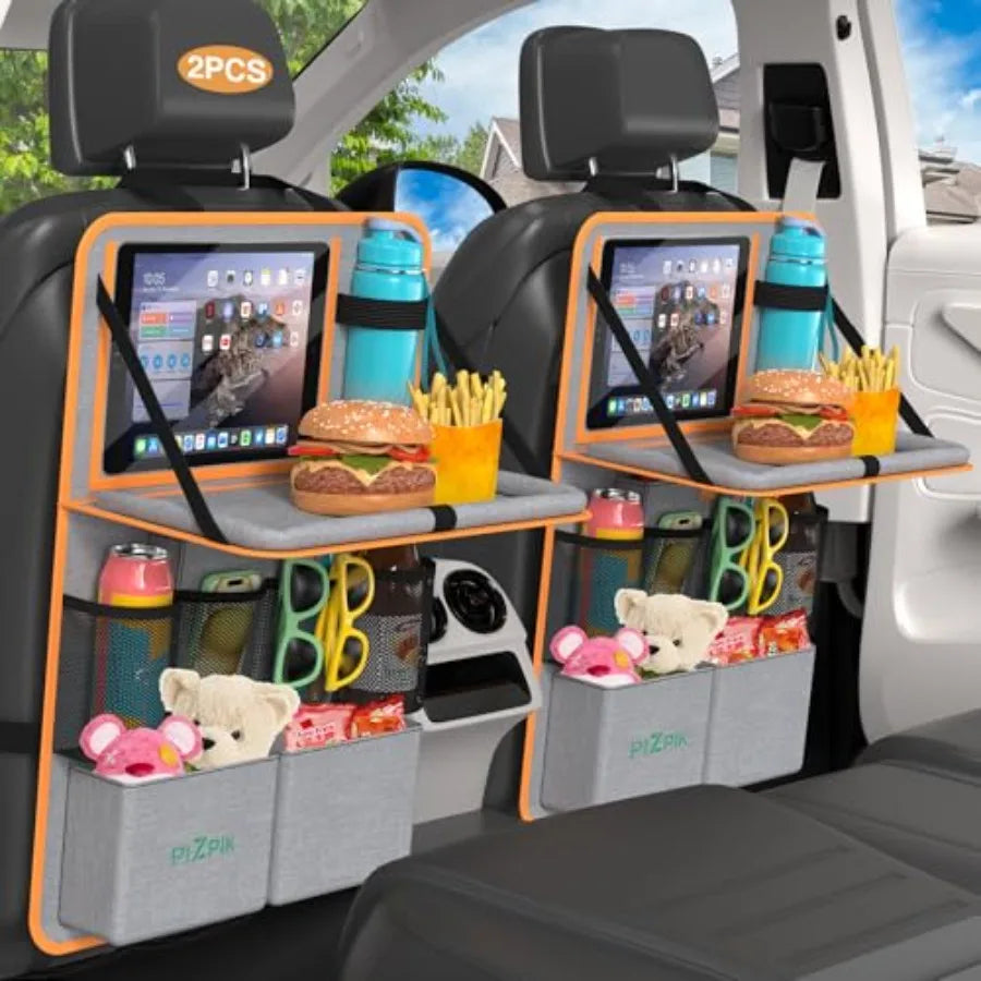 Car Backseat Organizer with Tablet Holder, 11 Storage Pockets with Foldable Food Tray, Protector Kick Mats for,Travel Accessori