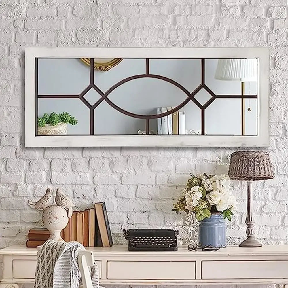 Distressed White Wooden Wall Mirror Farmhouse Decor 43.3" x 17.7" Rustic Entryway Bedroom Mirror