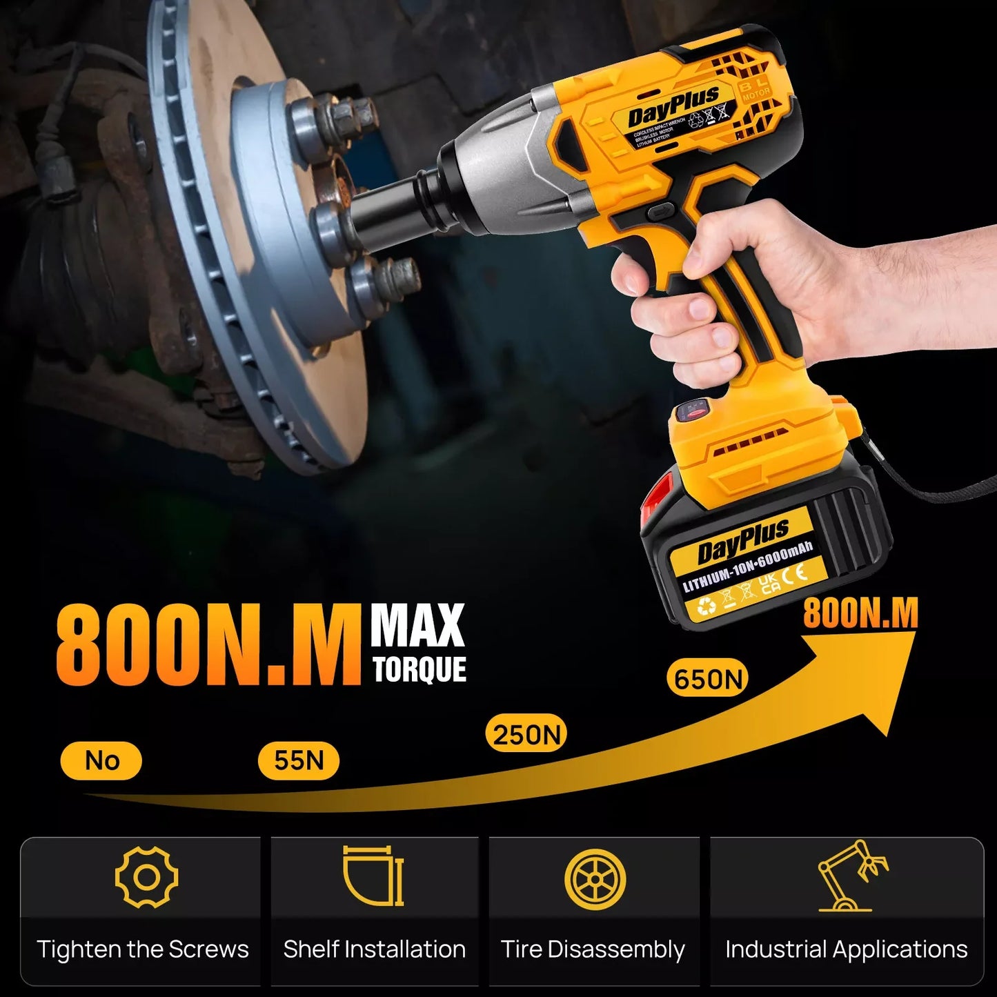 Brushless Electric Impact Wrench ,1/2" 6000mAh Heavy Duty 800N.M Ratchet Nut Gun Cordless For Cay Tyre Wheel Removal