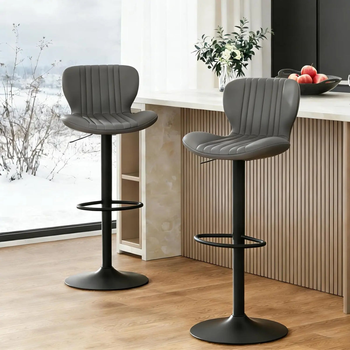Beige Leather Adjustable Bar Stools Set of 2, Modern Counter Height Chairs