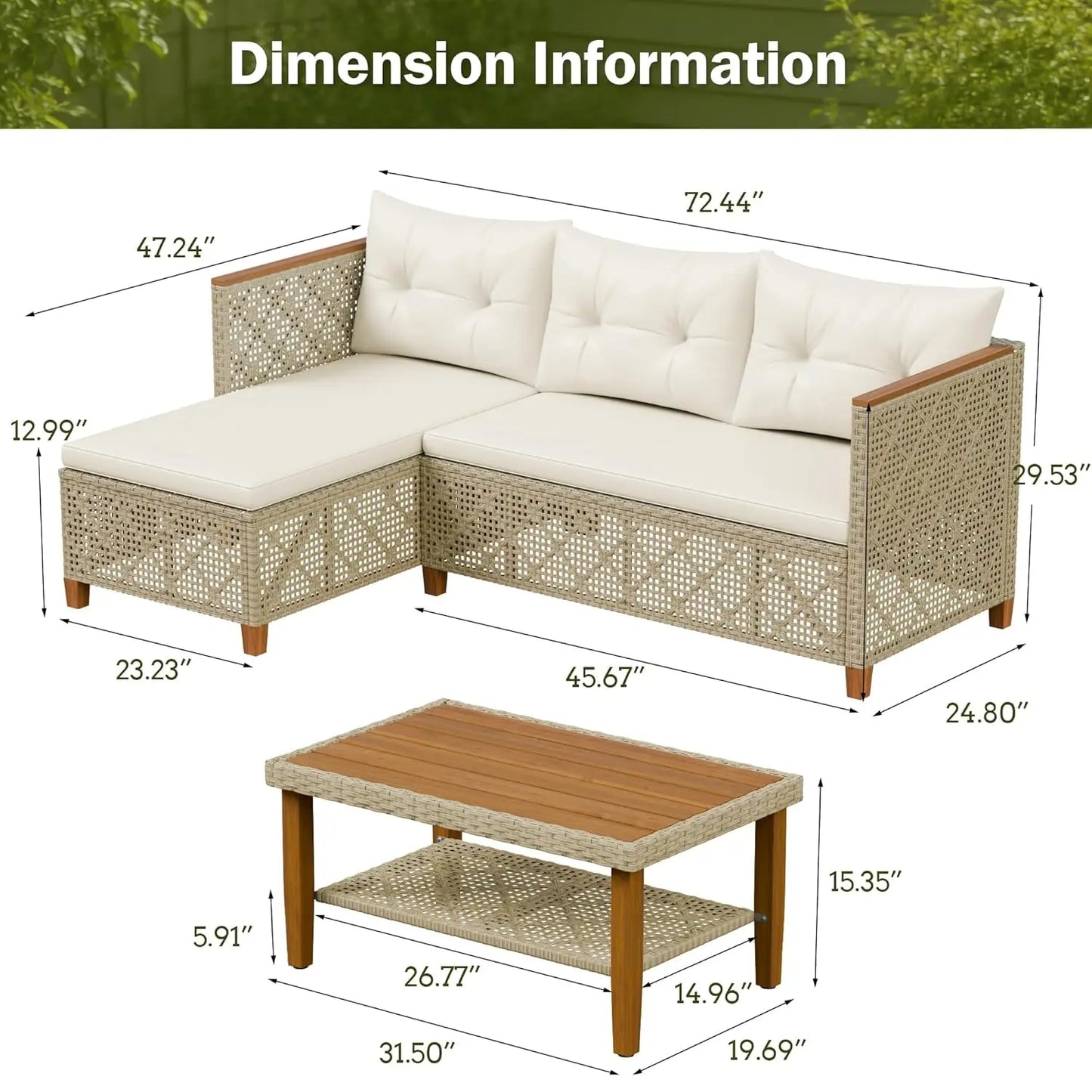 3 Piece Outdoor Sectional Sofa Set Hollow Rattan Patio Seating with Coffee Table & Ottoman for Deck Porch Poolside, Customized