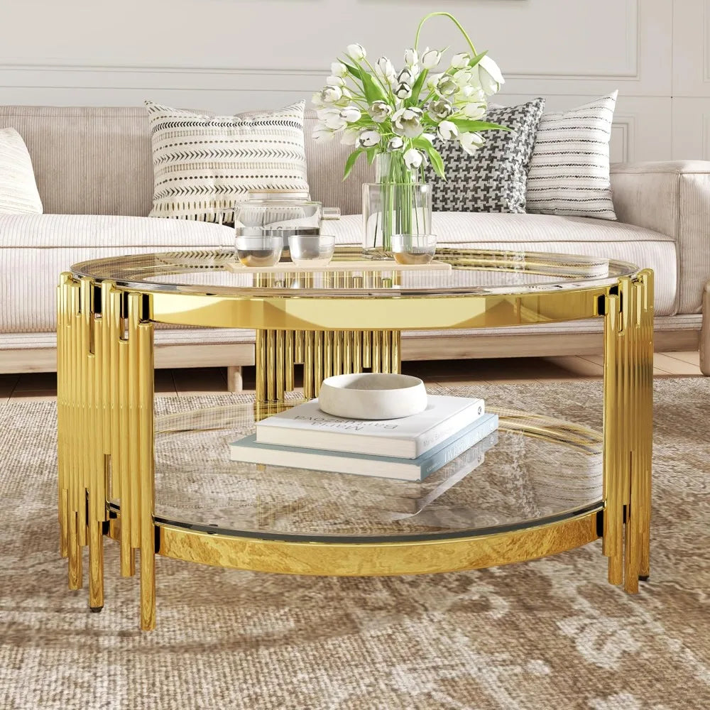 2-Tier Glass Coffee Table for Living Room, 35 inch Round Center Table with Tempered Glass Top and Stainless Steel Frame for Apar