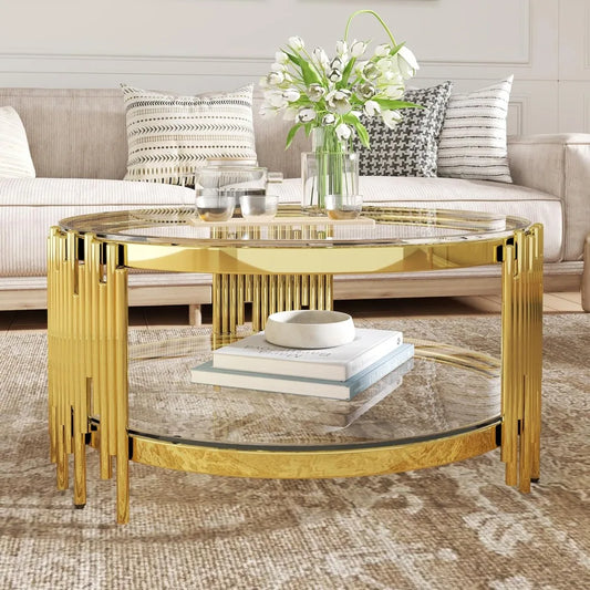 2-Tier Glass Coffee Table for Living Room, 35 inch Round Center Table with Tempered Glass Top and Stainless Steel Frame for Apar