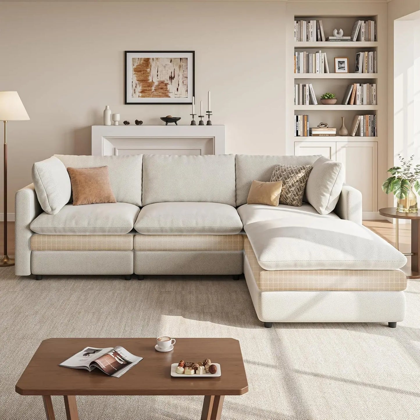 97" Modular L-Shaped Cloud Sofa, 29.1" Deep Seat & Movable Ottoman for Living Room, Custom