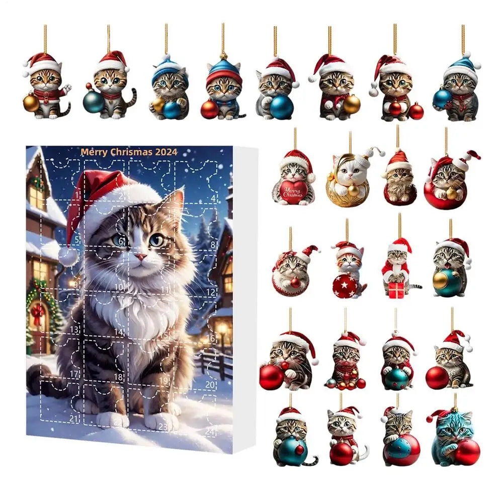 24-Day Christmas Countdown Calendar Cat Ornament Advent 2D Acrylic Cute Cat Ornaments Animal Charm Pendant for Window Backpack