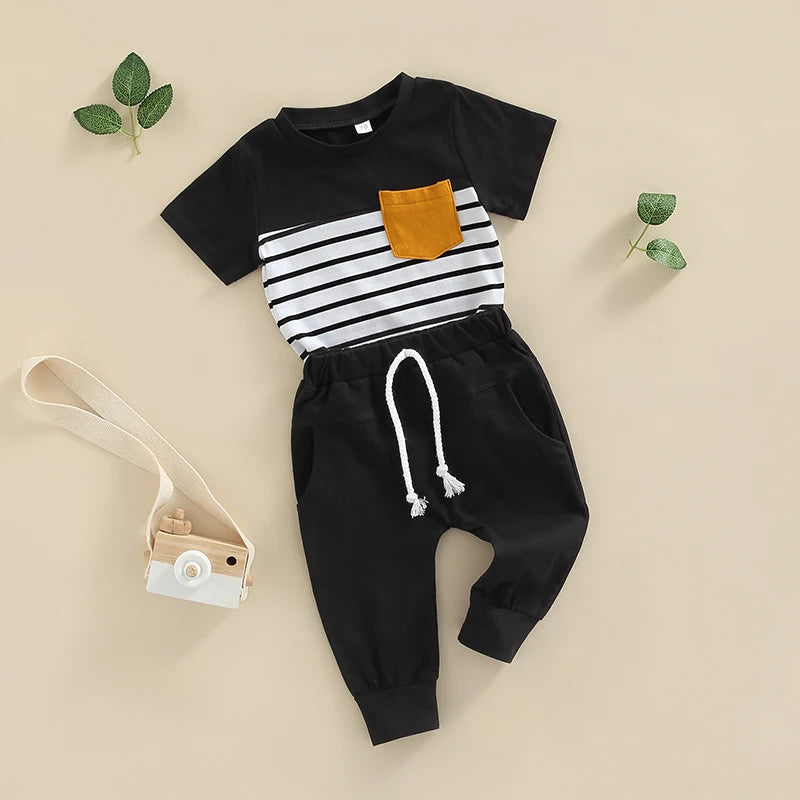Baby Boys 2 Piece Clothing Set Striped Short Sleeve T-Shirt with Round Neck Solid Color Long Pants Summer Outfit
