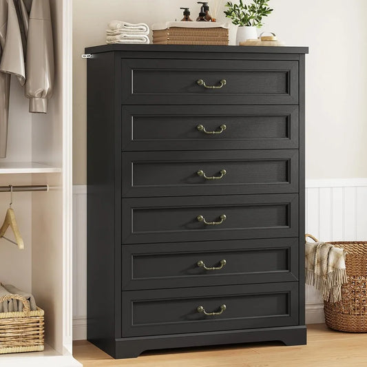 Farmhouse 6 Drawers Dresser for Bedroom,51.2" Tall Rustic Wood Chest of Drawers,Large Storage Chest with Vintage Metal Handles,